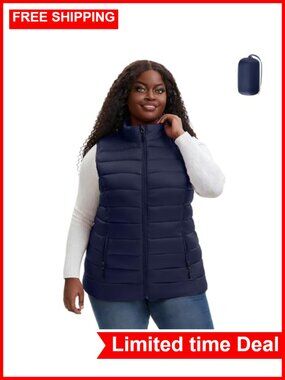 Plus Size Packable Puffer Vest Stand Collar Zipper Pockets